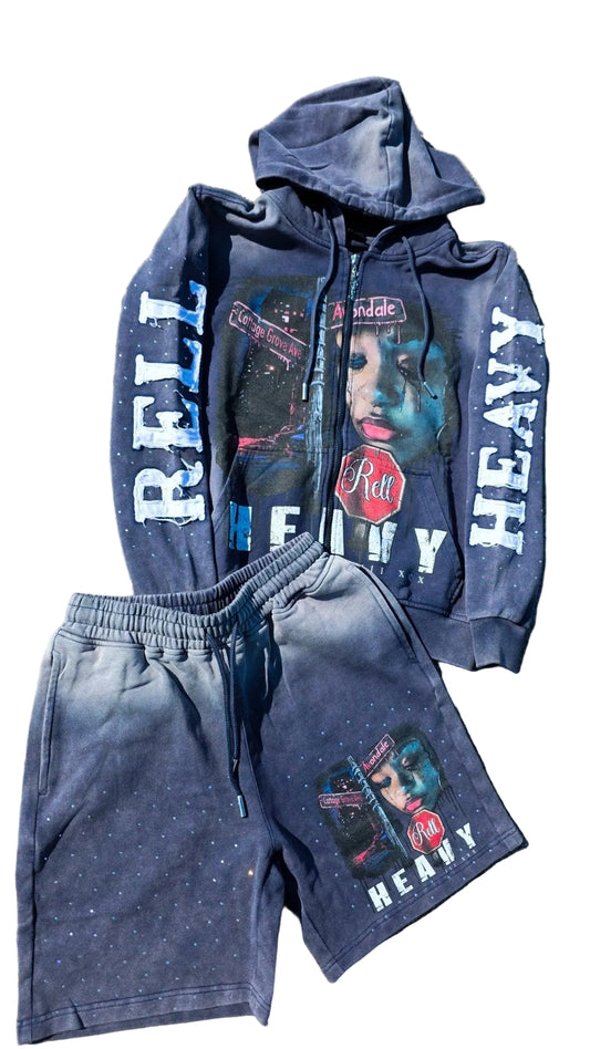 Rell Heavy Washed Rhinestone Hoodie with Shorts Set