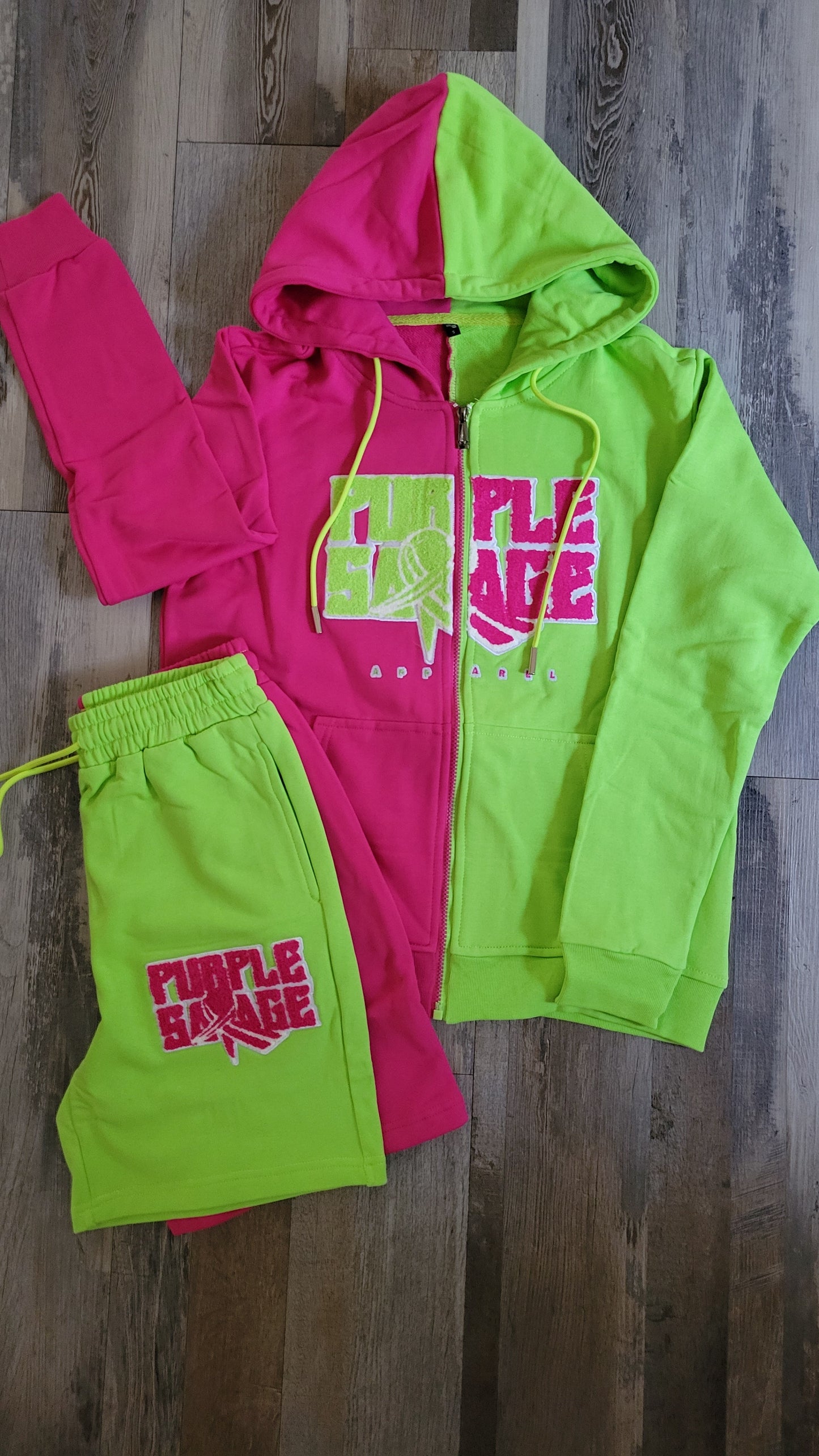Watermelon Color Block Zipper Hoodie Short Set